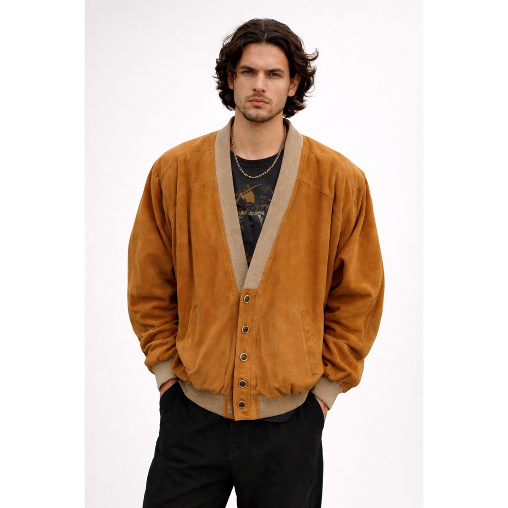 Vintage Bomber Jacket Gabicci Suede Luxury Streetwear Gold Tan Leather M